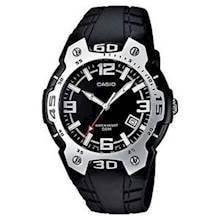 Casio herreur med sølv bezel, sort skive, sølv markører, datovisning og vandtæthed på 50M.